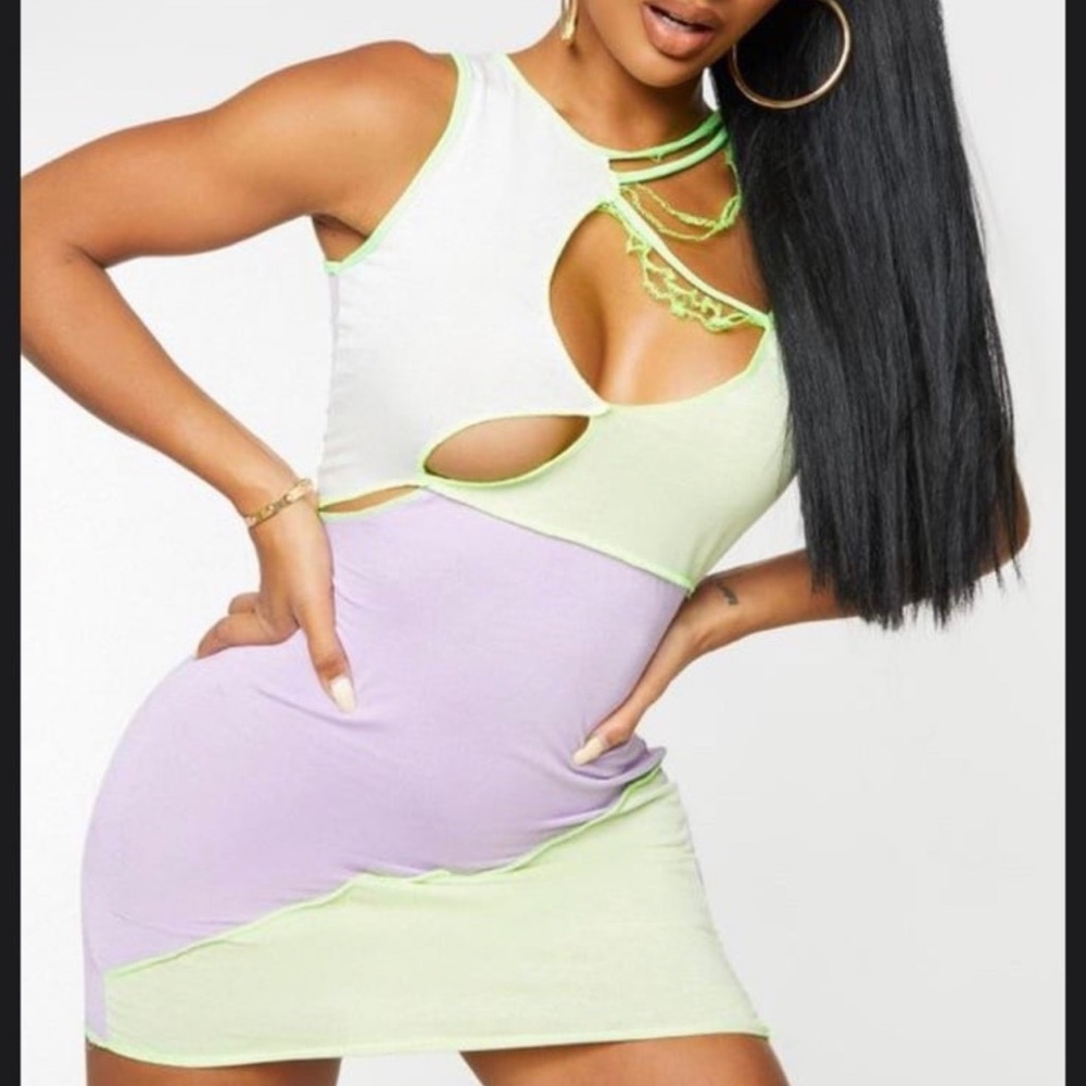 PrettyLittleThing White, Light Green, and Lavender Mini Dress